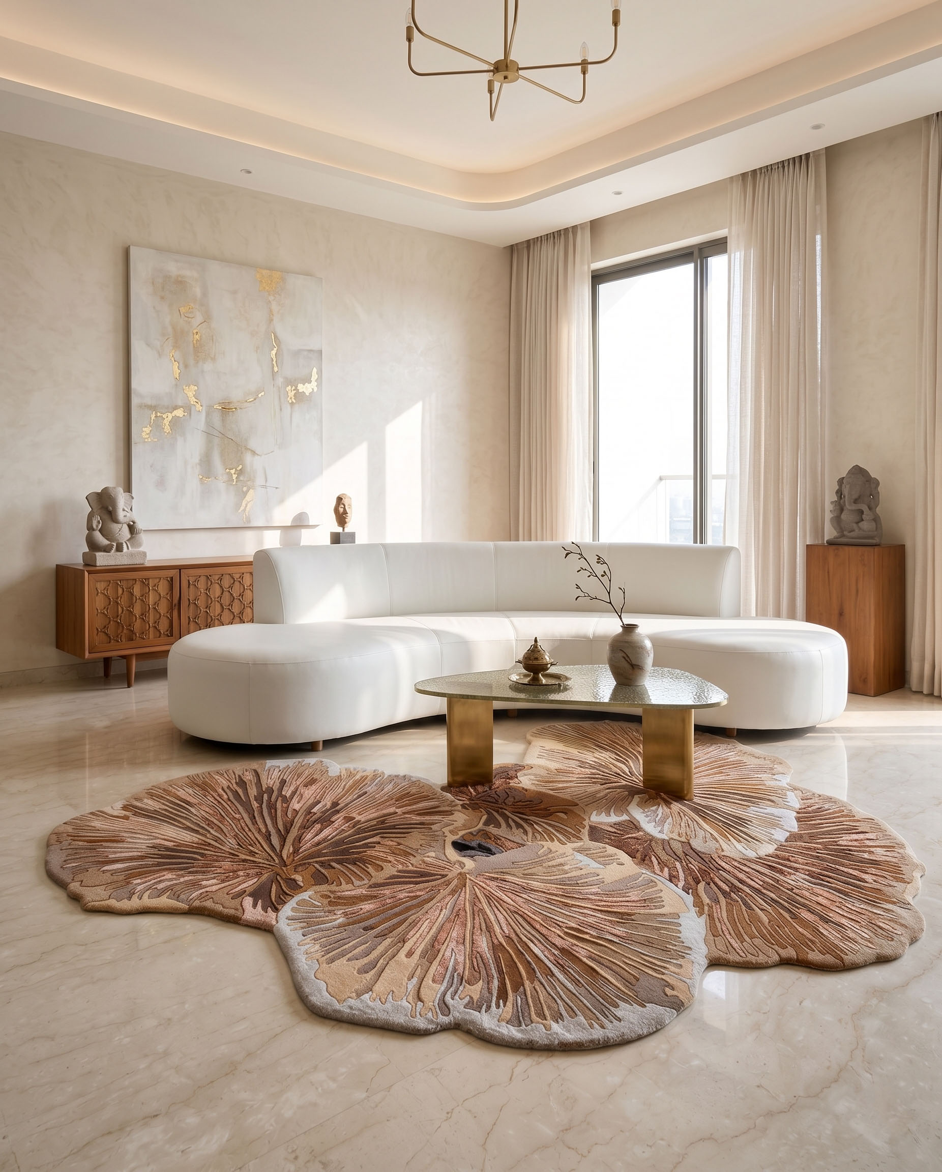 Aurelian Bloom hand-tufted organic wool rug with a sculpted floral shape, soft textured surface, and luxury designer finish for modern living room and bedroom decor.