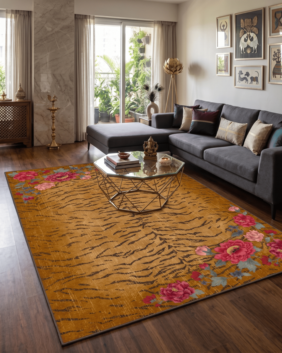 Premium printed rug featuring tiger stripe pattern with floral botanical accents in warm mustard tones, modern vintage style area carpet for living room decor