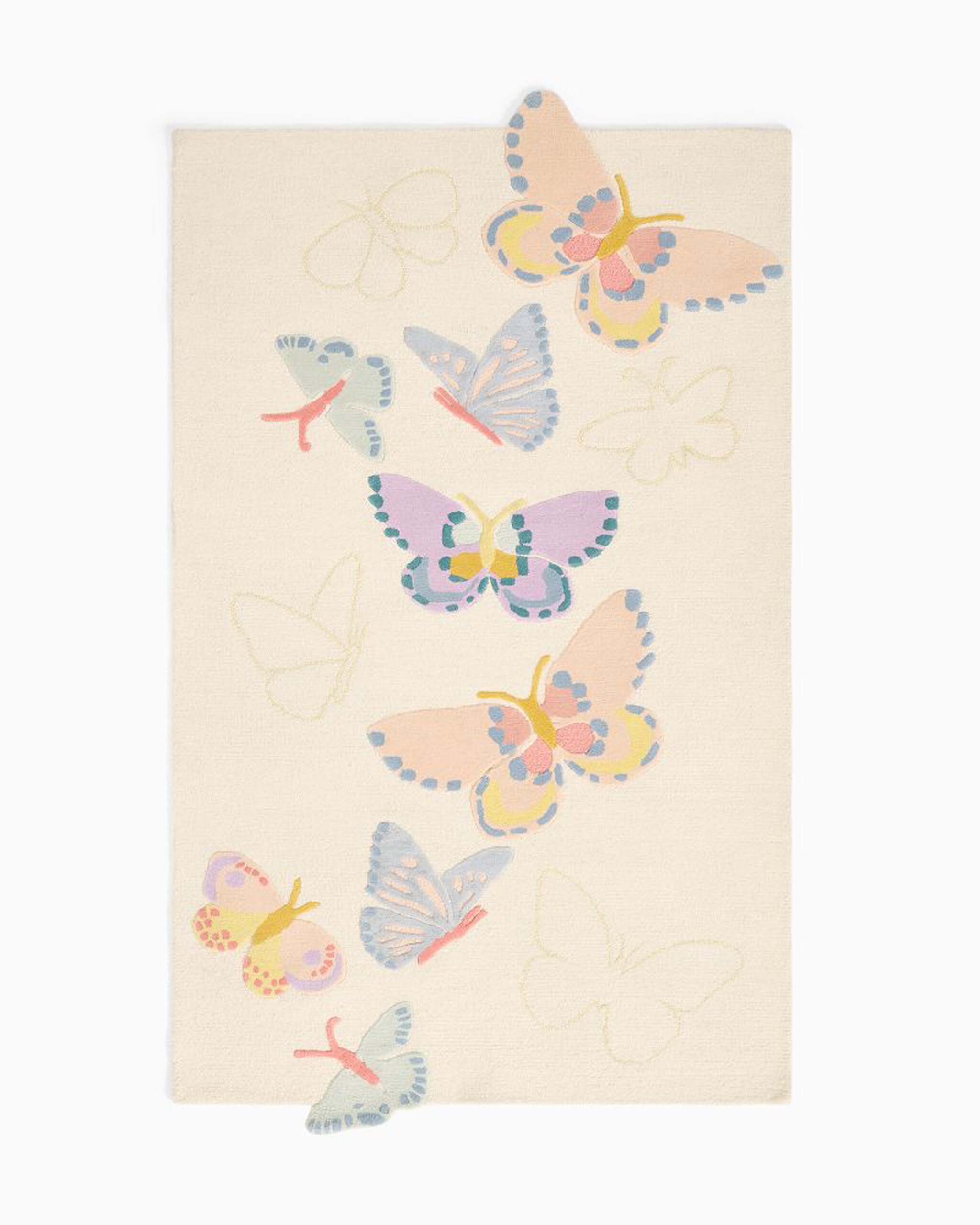 Butterfly-shaped hand-tufted wool kids rug with pastel colors for nursery and bedroom.