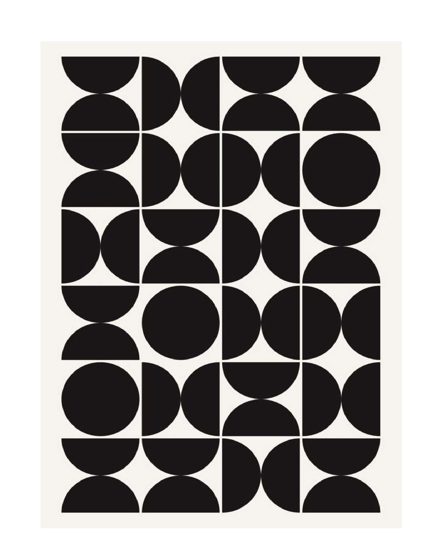 Black and white modern rug with bold orb and half-circle grid pattern, clean geometric design for contemporary living spaces