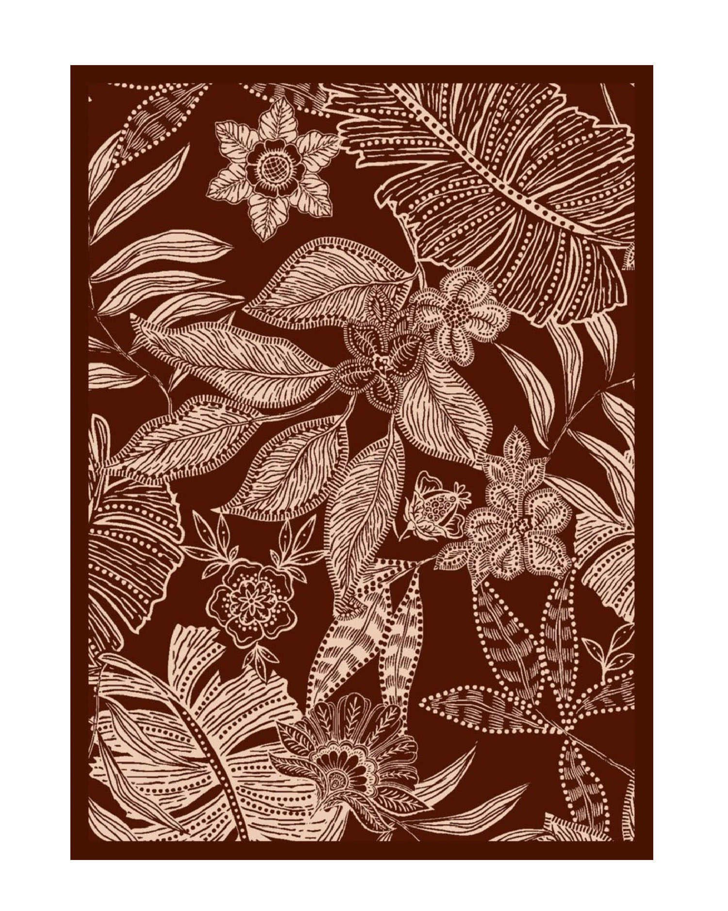 Rust brown botanical printed area rug with tropical leaves and floral line-art pattern in a modern handcrafted illustration style for contemporary living spaces.