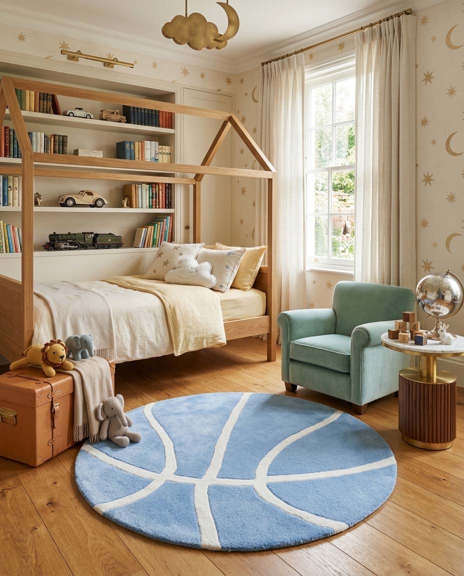 Blue basketball-shaped hand-tufted wool rug for kids bedroom and sports-themed nursery.