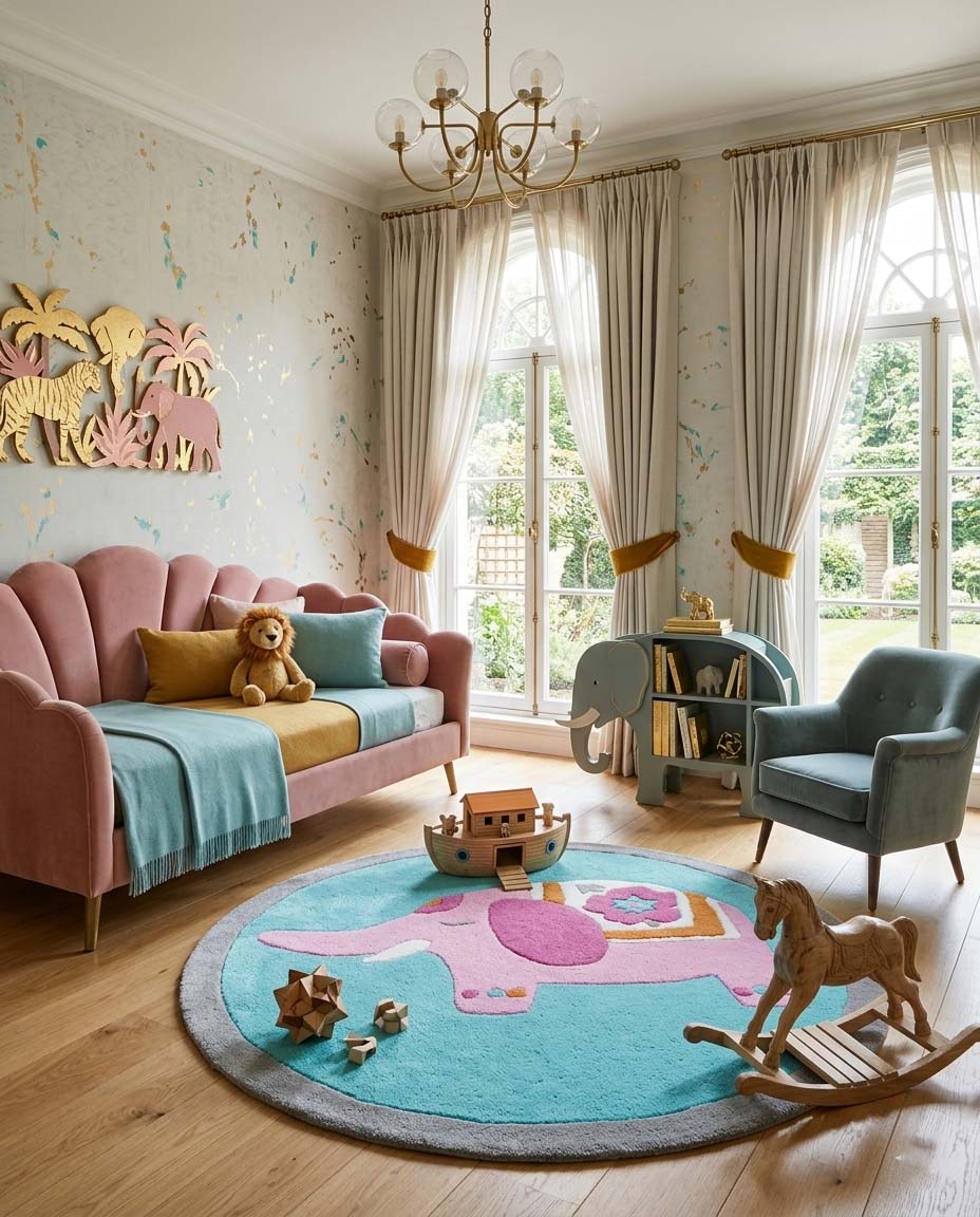 Pink elephant-shaped hand-tufted wool rug for nursery and playroom décor.