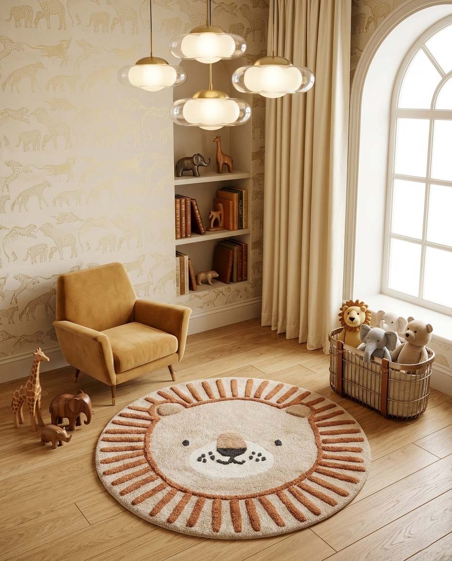 Lion-shaped hand-tufted wool rug with sun mane design for nursery and playroom.