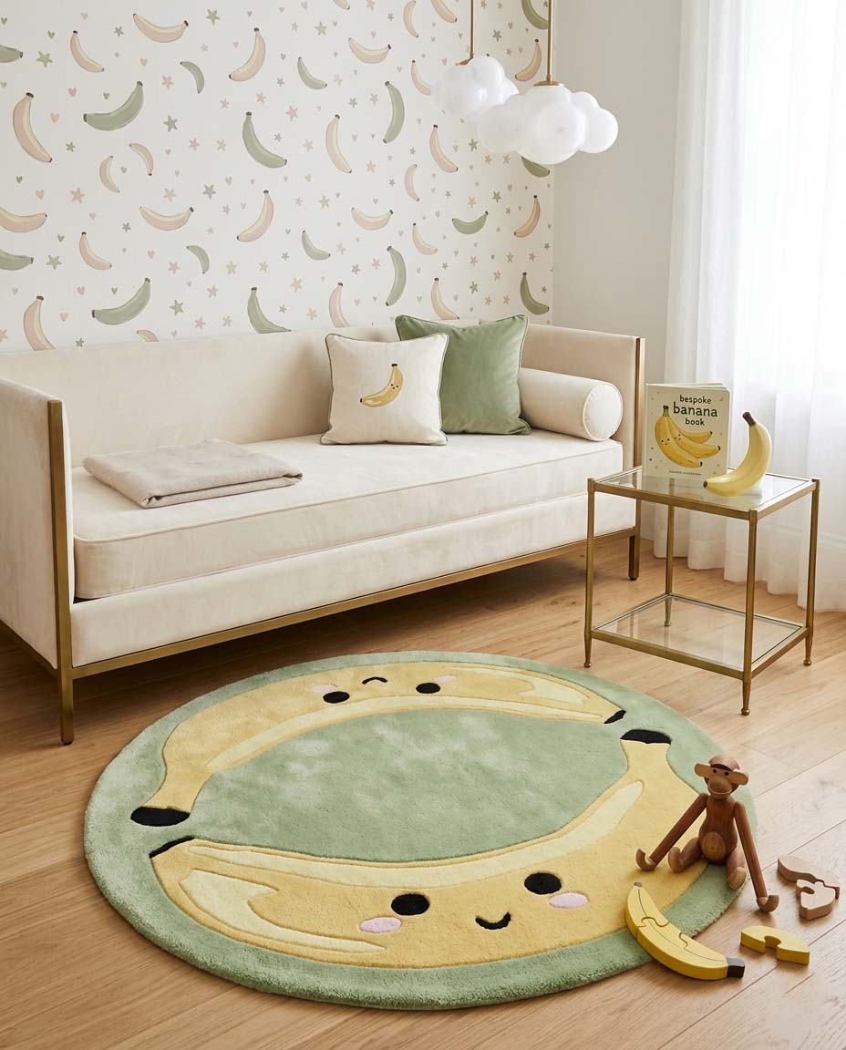 Cute banana-themed hand-tufted kids rug made from premium wool in yellow and green, perfect for nursery, playroom, and kids bedroom décor
