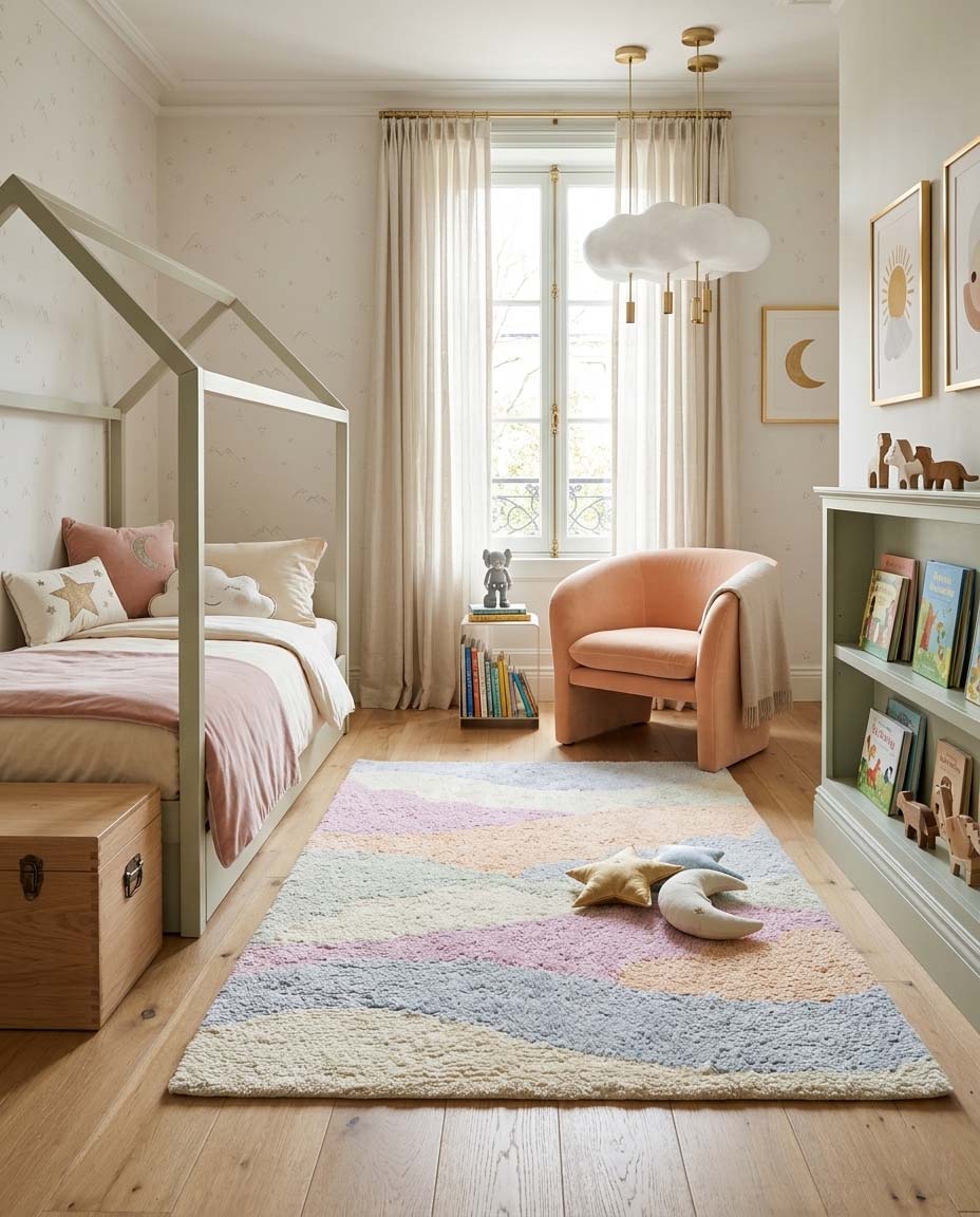 Pastel abstract hand-tufted wool kids rug with soft wave design.