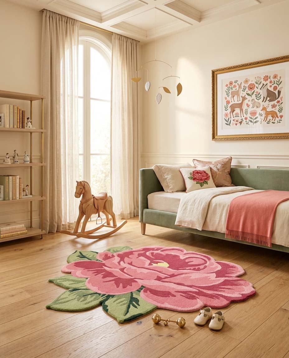 Colorful flower-shaped hand-tufted kids rug made from premium wool, perfect for nursery, bedroom, and playroom décor.