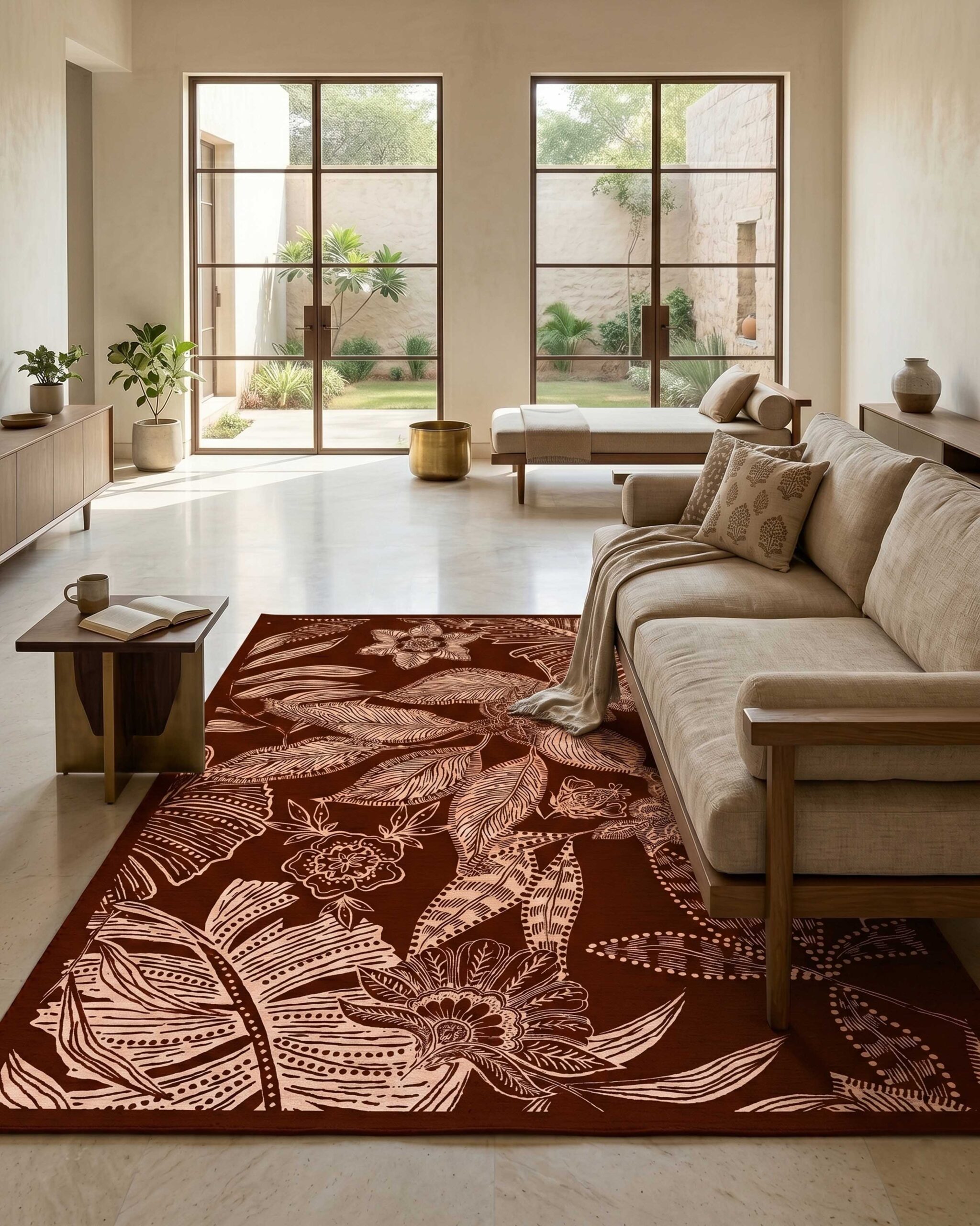 Rust brown botanical printed area rug with tropical leaves and floral line-art pattern in a modern handcrafted illustration style for contemporary living spaces.
