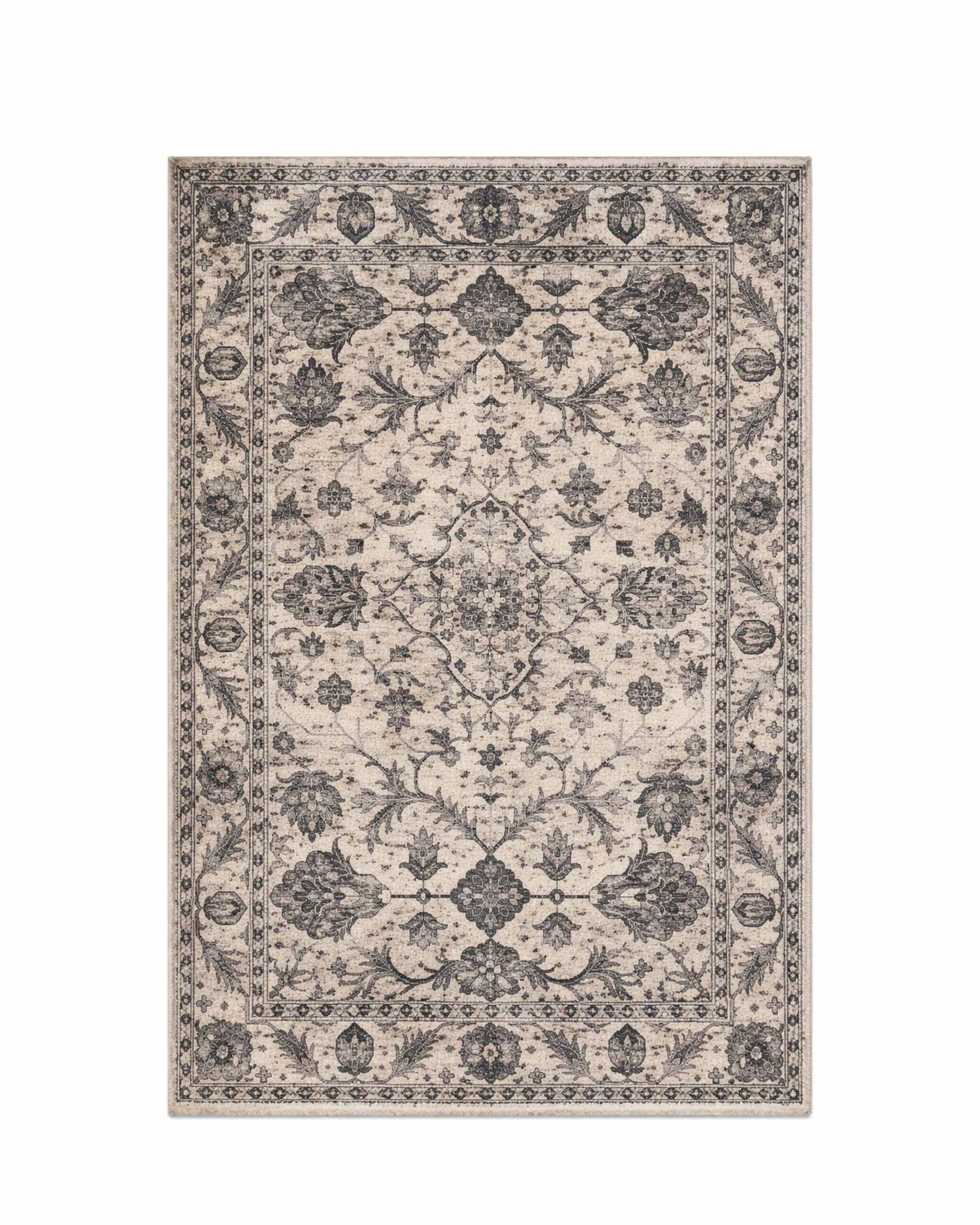 Grey distressed printed door mat with antique medallion motifs.