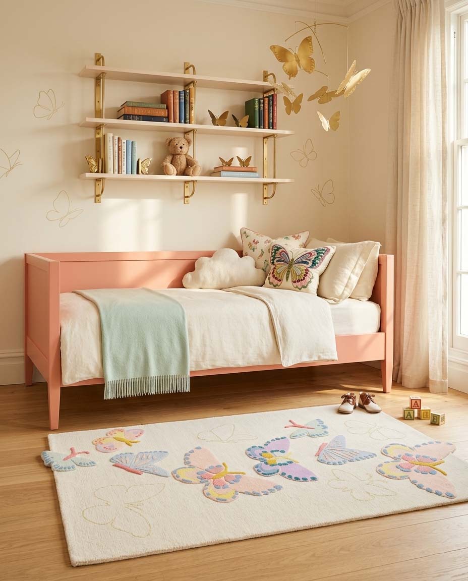 Butterfly-shaped hand-tufted wool kids rug with pastel colors for nursery and bedroom.