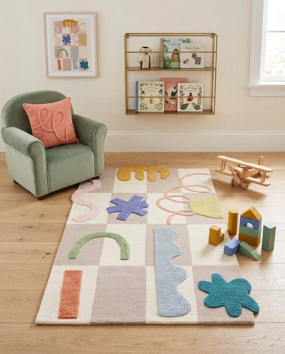 Modern patchwork hand-tufted wool kids rug with soft pastel colors.