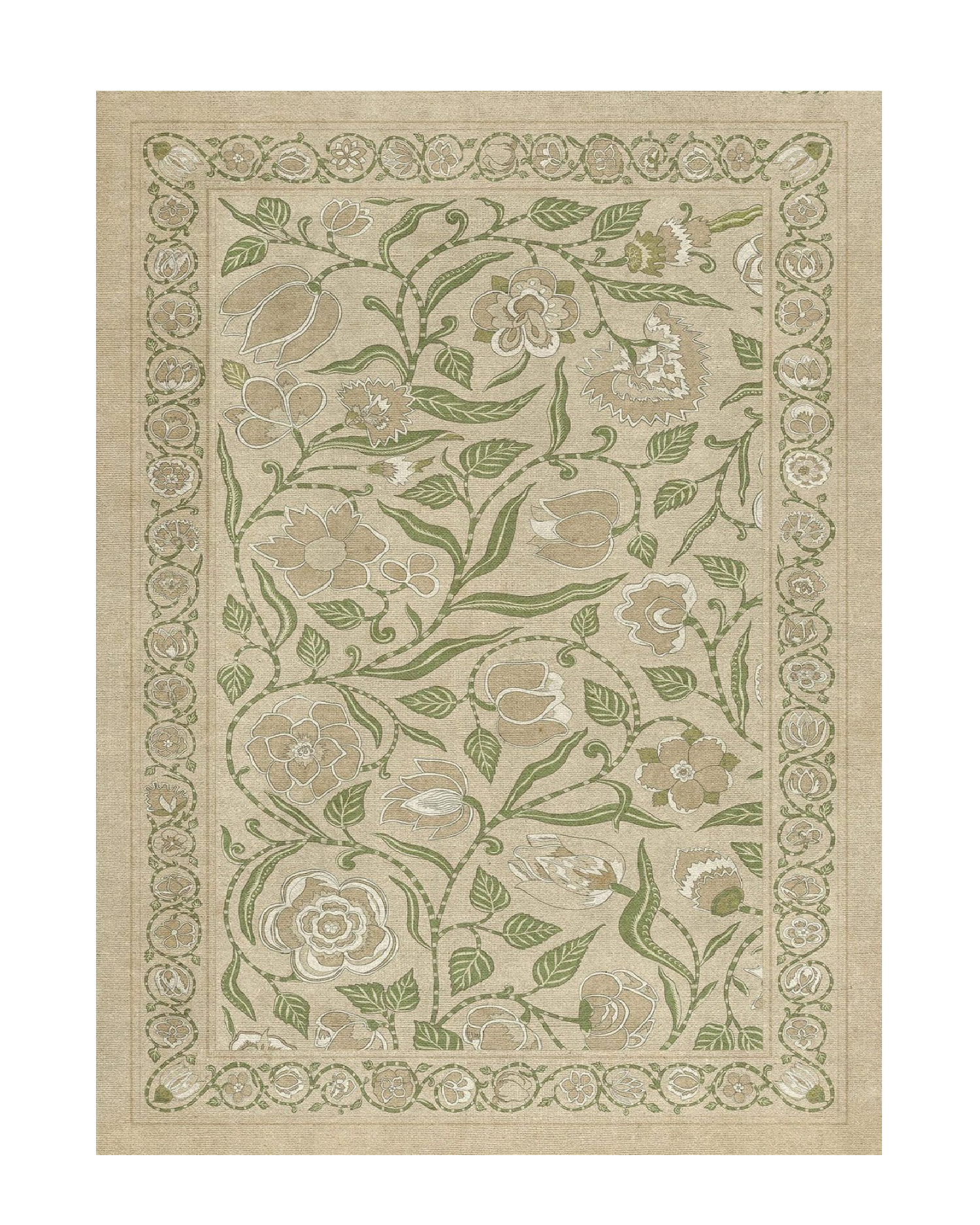 premium printed botanical rug with green floral vine pattern on beige base, modern floral printed carpet for living room bedroom decor