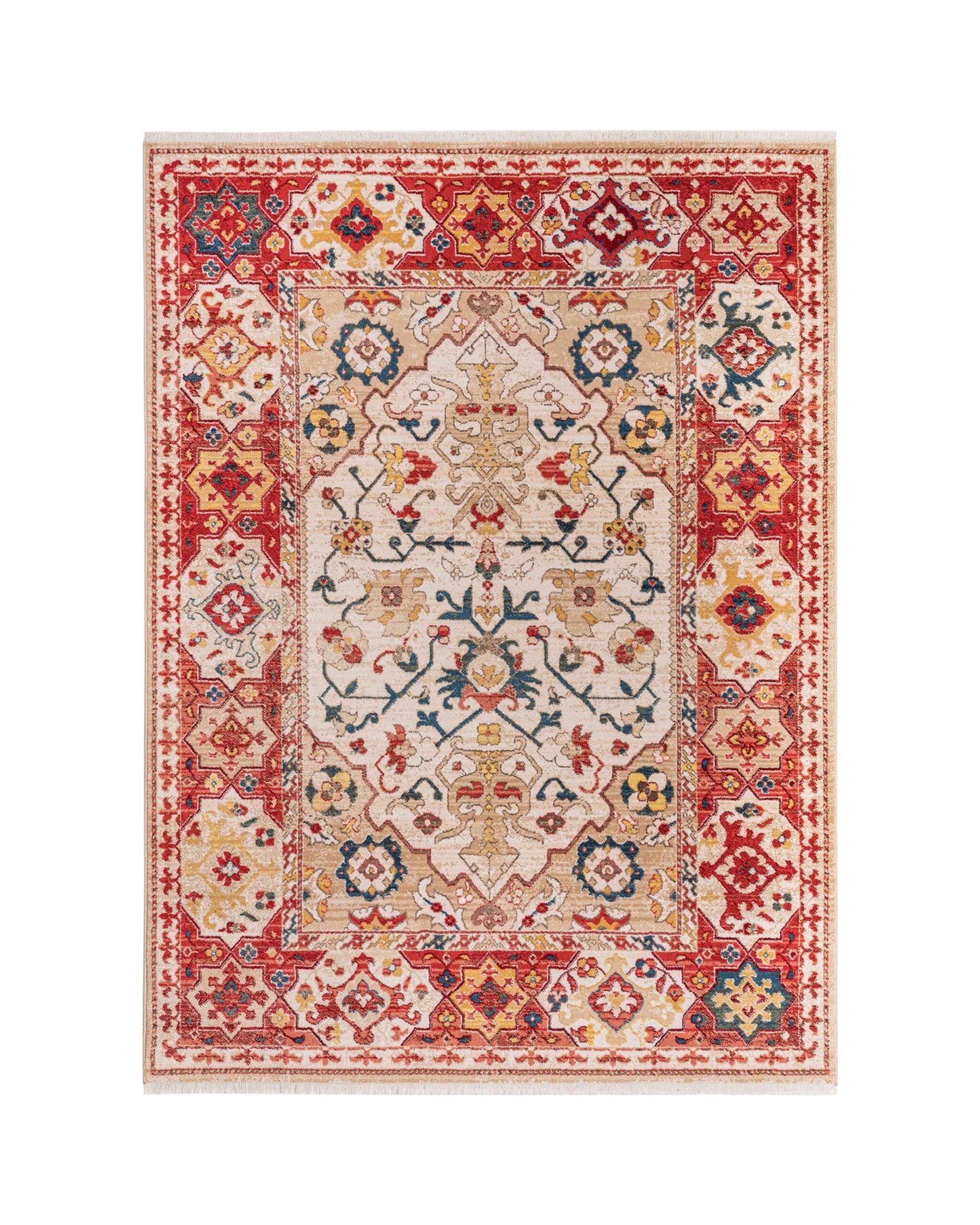 Traditional coral red printed door mat with ornate medallion and border details.