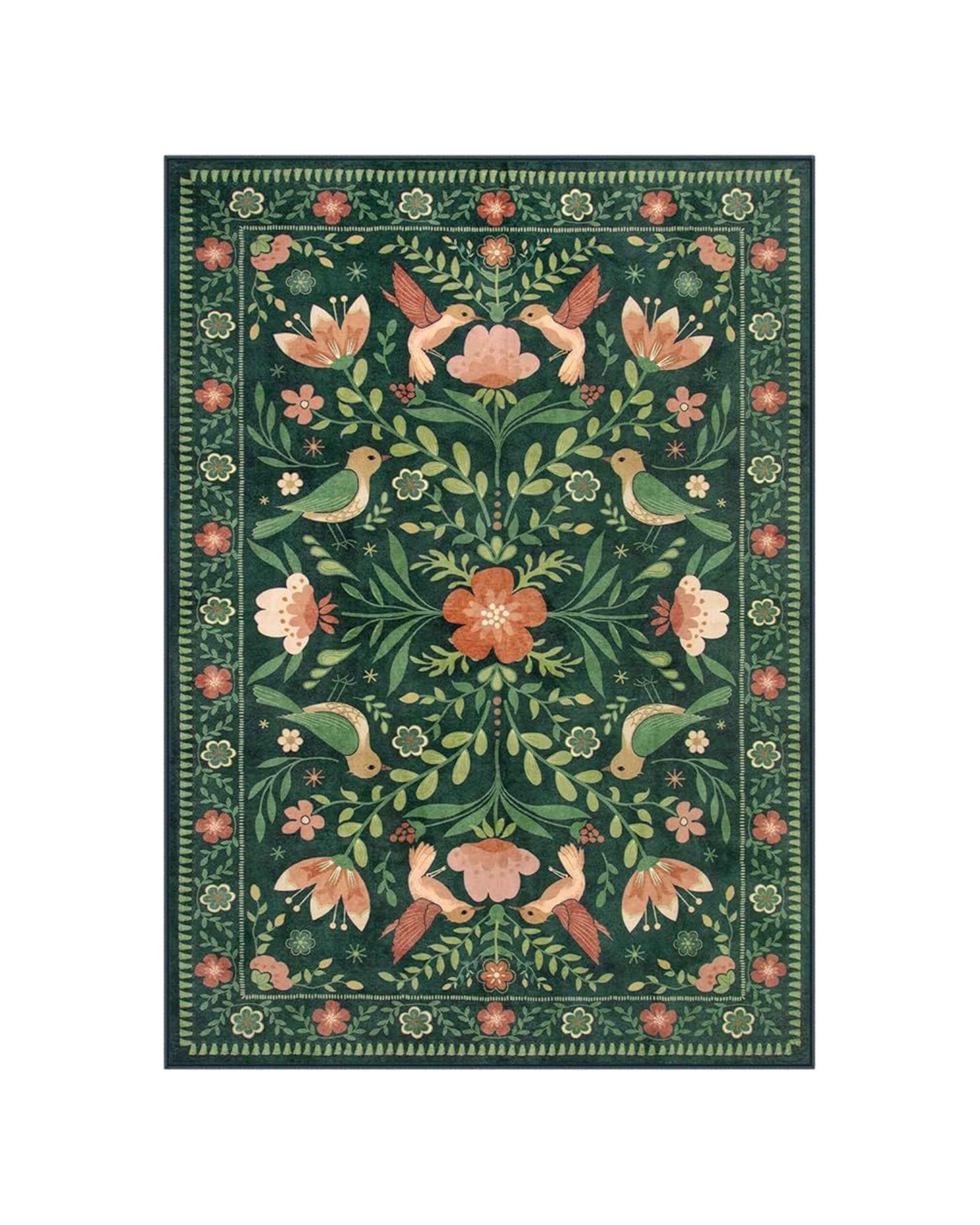 Dark green botanical printed door mat with blooming pink floral motifs.