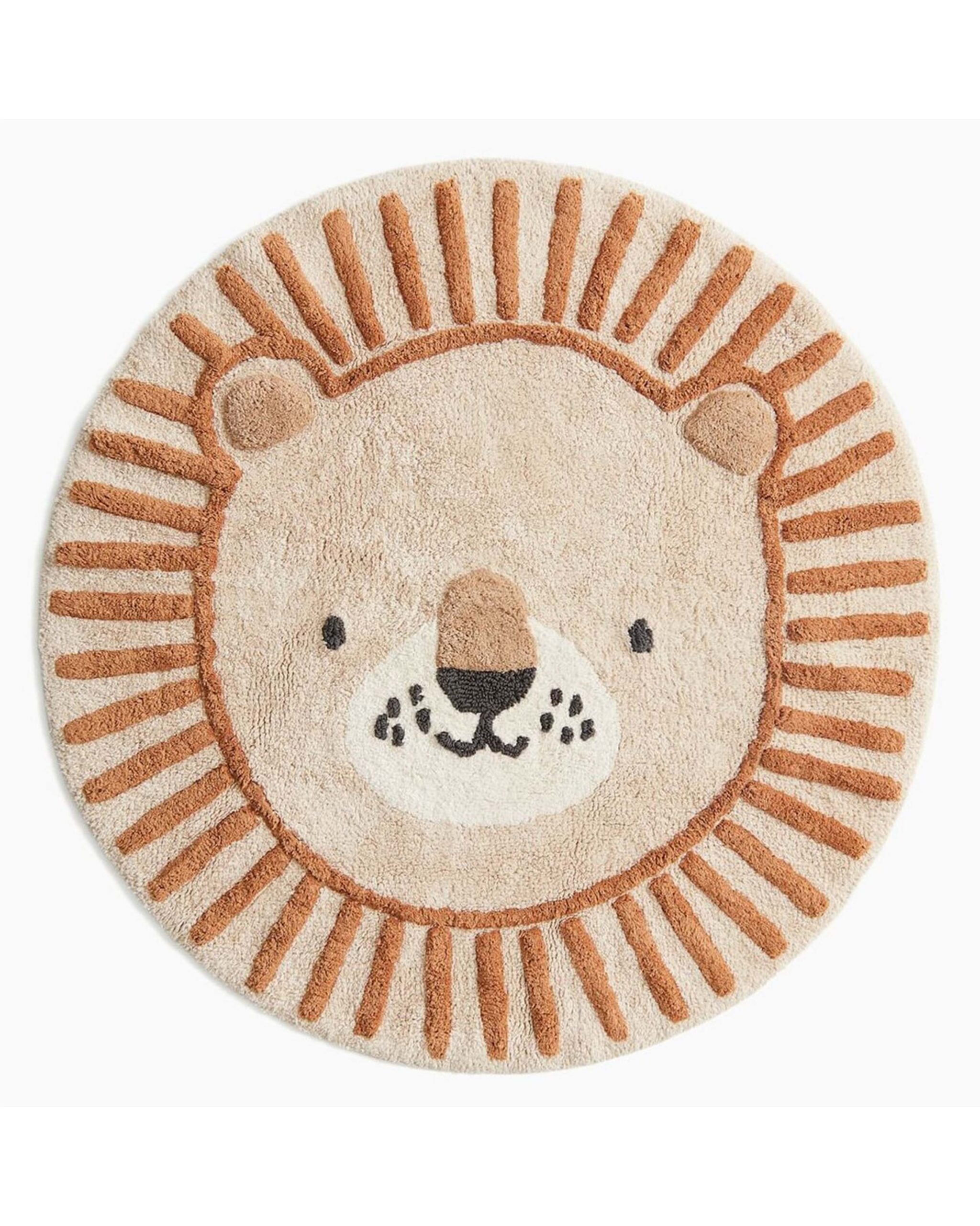 Lion-shaped hand-tufted wool rug with sun mane design for nursery and playroom.