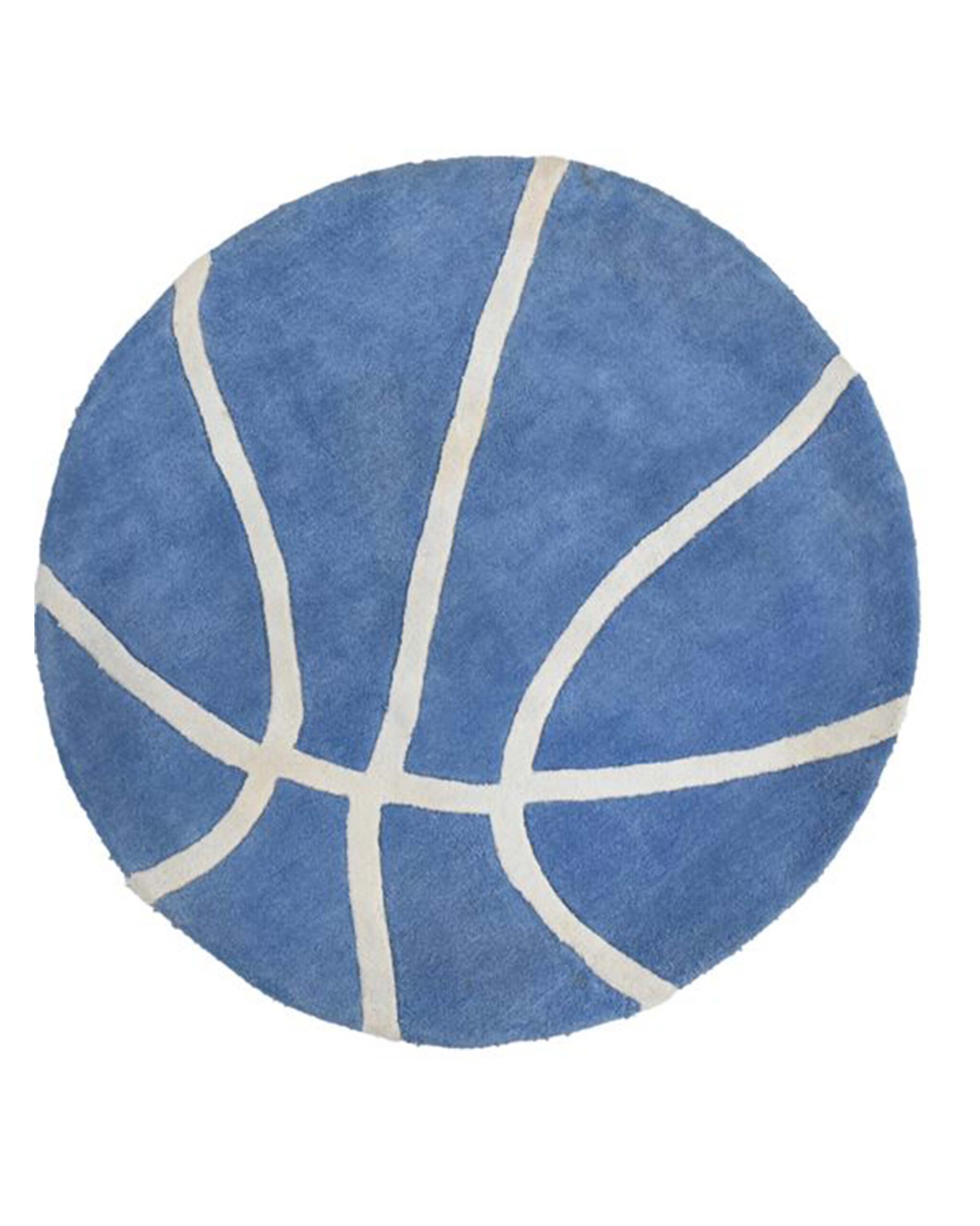 Blue basketball-shaped hand-tufted wool rug for kids bedroom and sports-themed nursery.