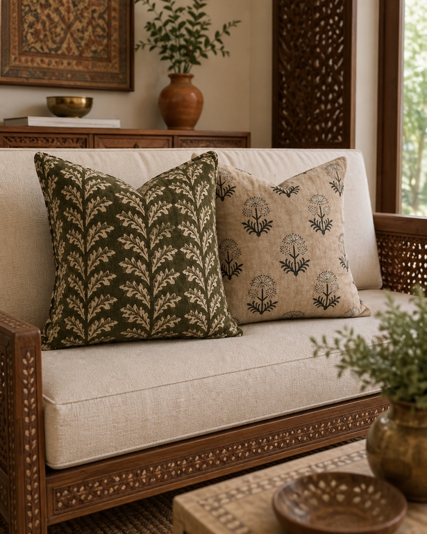 Set of 2 earthy designer cushion covers with botanical leaf and floral block print patterns in olive green and beige, styled on a luxury wooden sofa in a modern Indian living room.