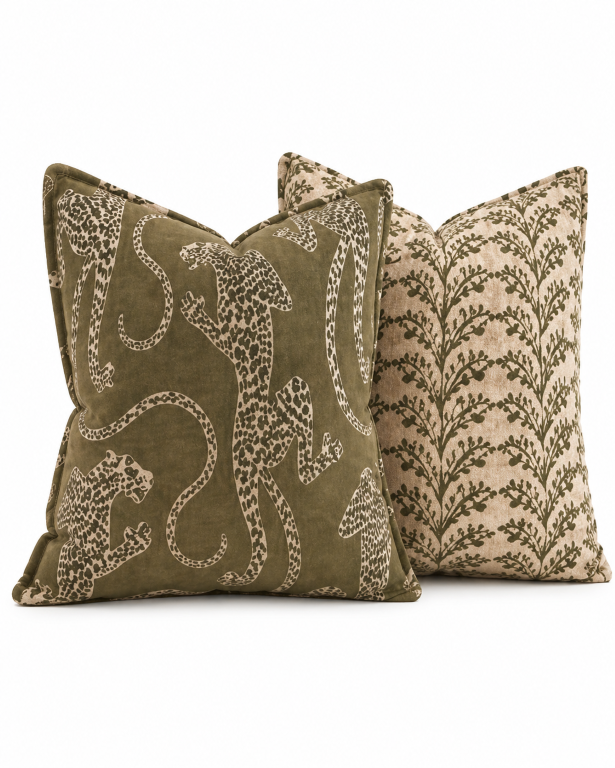 Luxury earthy cushion set of 2 with botanical leaf and floral prints in olive green and beige tones placed on a modern wooden sofa in a cozy Indian living room.