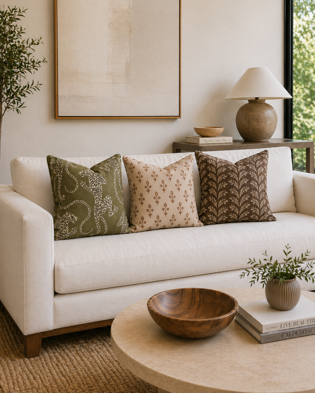 Luxury 3-piece earthy cushion set with botanical and nature-inspired prints in olive green, beige, and neutral tones styled on a modern sofa in a contemporary Indian living room.