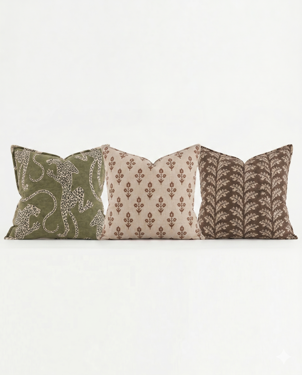 Luxury 3-piece earthy cushion set with botanical and nature-inspired prints in olive green, beige, and neutral tones styled on a modern sofa in a contemporary Indian living room.
