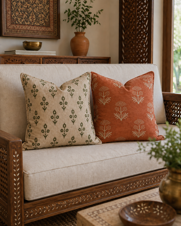 Set of 2 premium botanical cushion covers with earthy safari-inspired prints in olive green, beige, and black tones styled on a contemporary living room sofa.