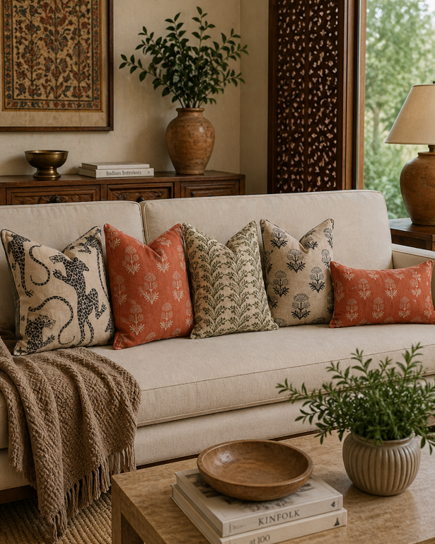 Safari Botanical Premium – 5 Cushion Set in Earthy Prints for Contemporary Living Rooms
