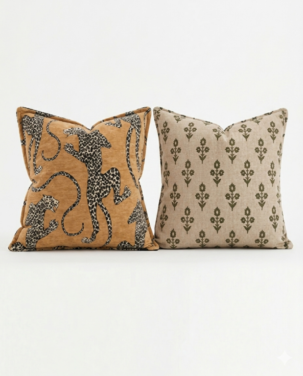 Luxury animal print cushion covers set of 2 with wild safari-inspired patterns in earthy beige, black, and olive tones placed on a modern living room sofa.