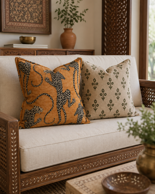 Luxury animal print cushion covers set of 2 with wild safari-inspired patterns in earthy beige, black, and olive tones placed on a modern living room sofa.