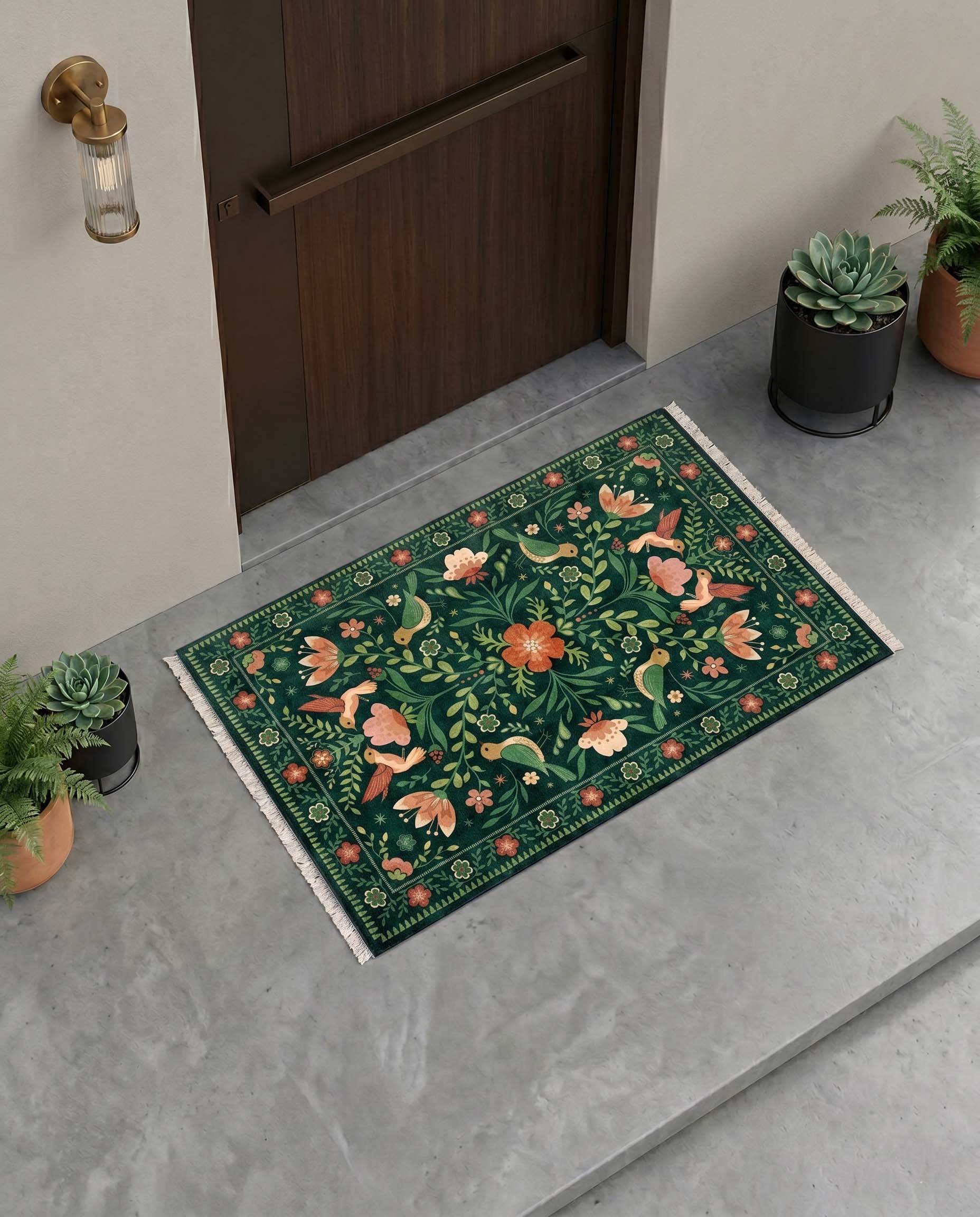Dark green botanical printed door mat with blooming pink floral motifs.