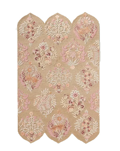Pastel botanical scalloped hand-tufted wool rug with Indian floral pattern, soft curved edges, and elegant pastel tones for modern traditional home decor.