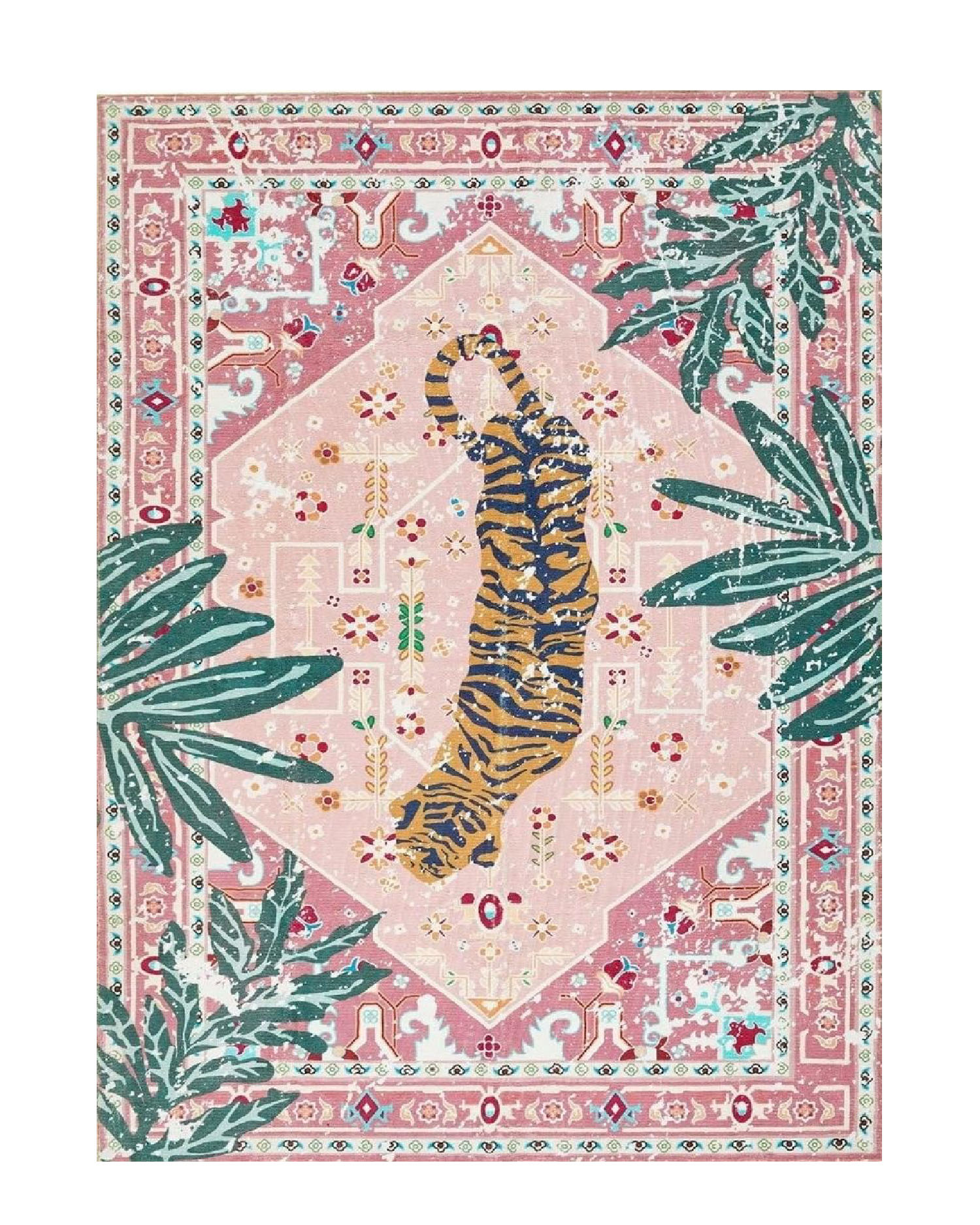 Pink modern printed rug with tiger motif and tropical leaves, vintage distressed style with botanical elements for bold living room decor