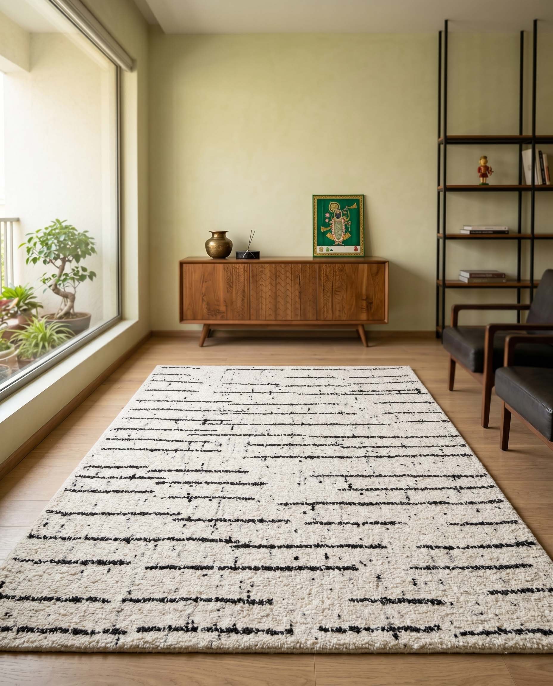 Handmade beige hand-woven rug with abstract script-like line pattern.
