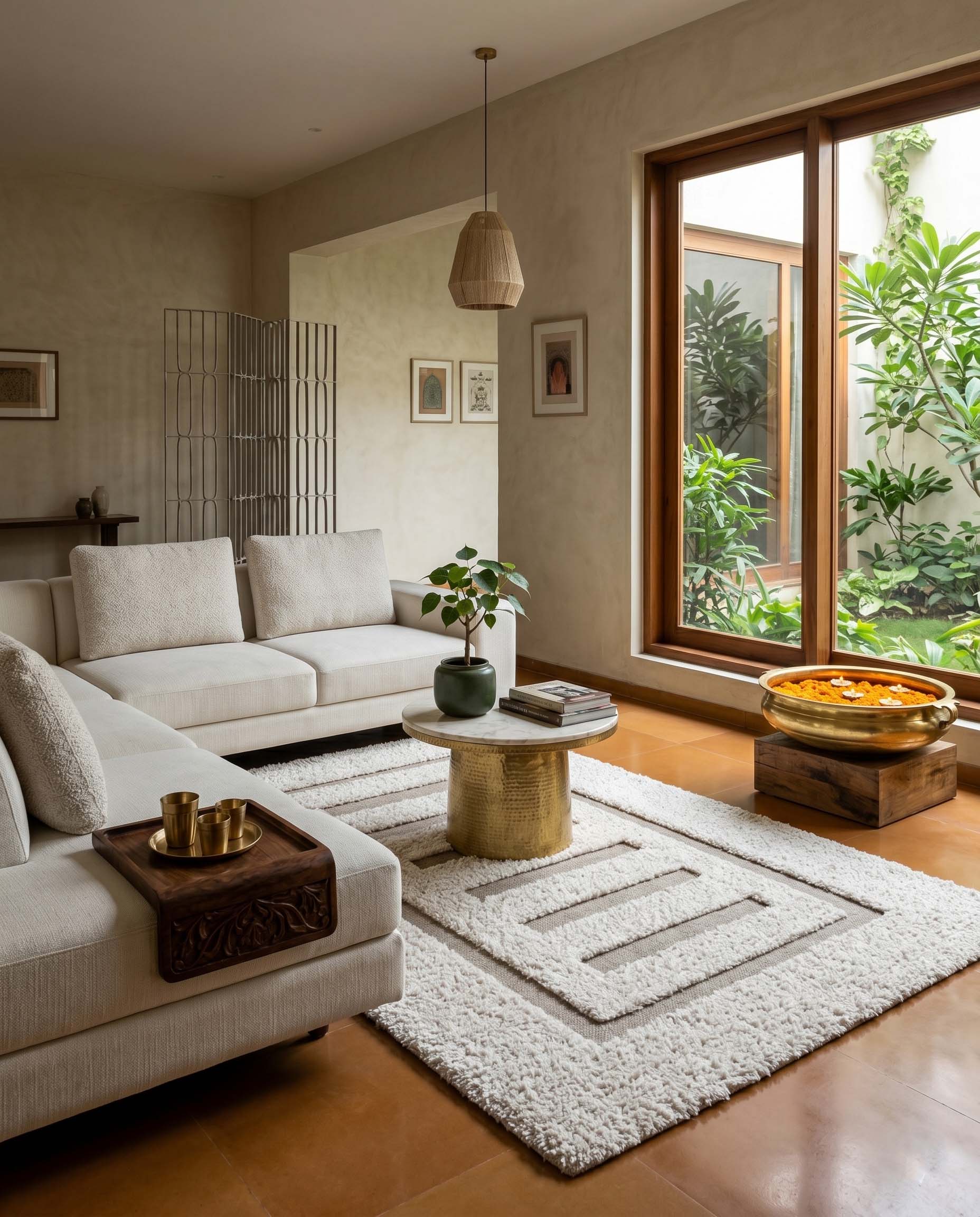Handmade ivory hand-woven wool rug with ladder-inspired geometric border design for bedroom and living room.