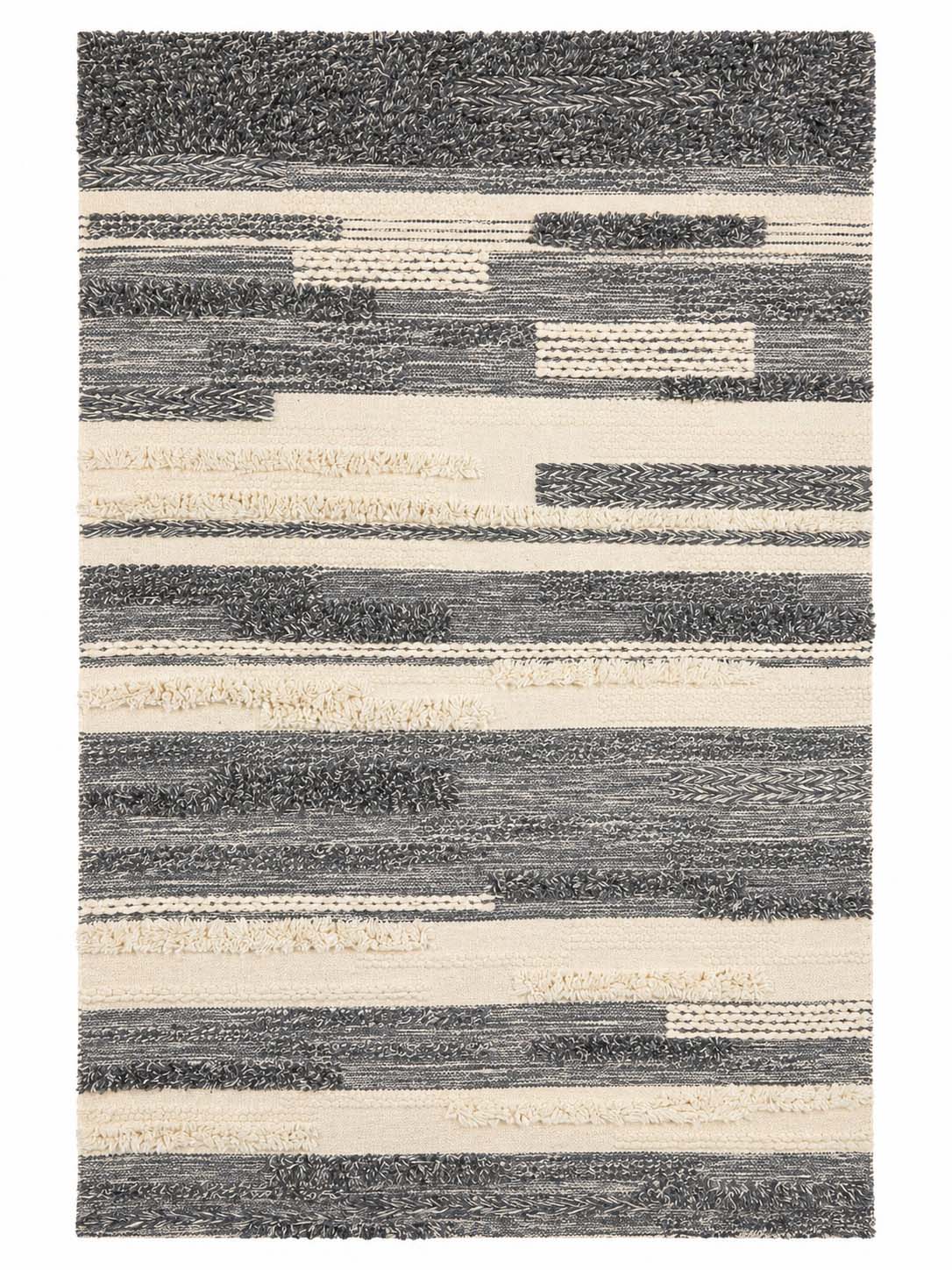 Handmade neutral hand-woven rug with abstract layered stripe pattern.