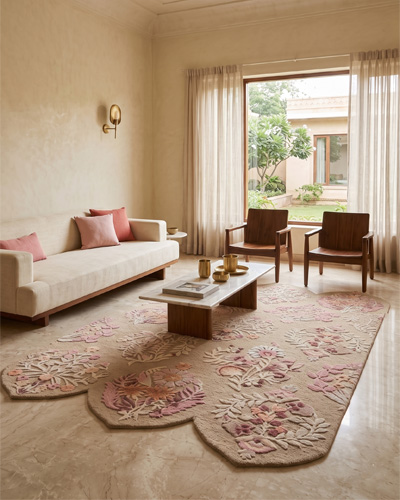 Pastel botanical scalloped hand-tufted wool rug with Indian floral pattern, soft curved edges, and elegant pastel tones for modern traditional home decor.