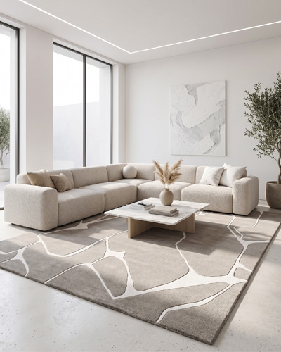 Sand Veins hand-tufted wool rug with abstract vein pattern in warm beige tones, soft textured pile, and modern luxury finish for living room decor.