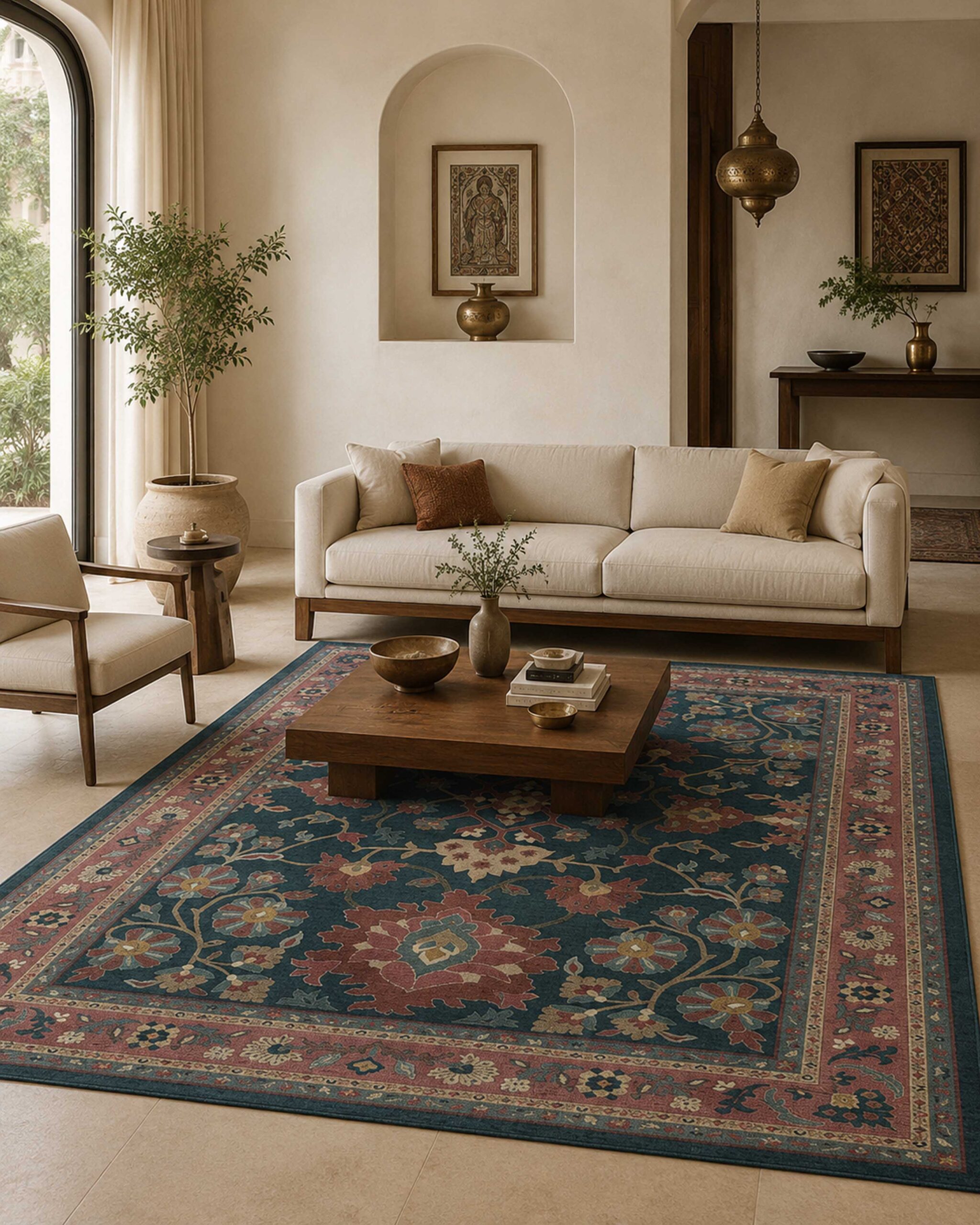 Modern Persian floral printed rug in navy with multicolor accents, featuring intricate botanical motifs and elegant bordered design for living spaces