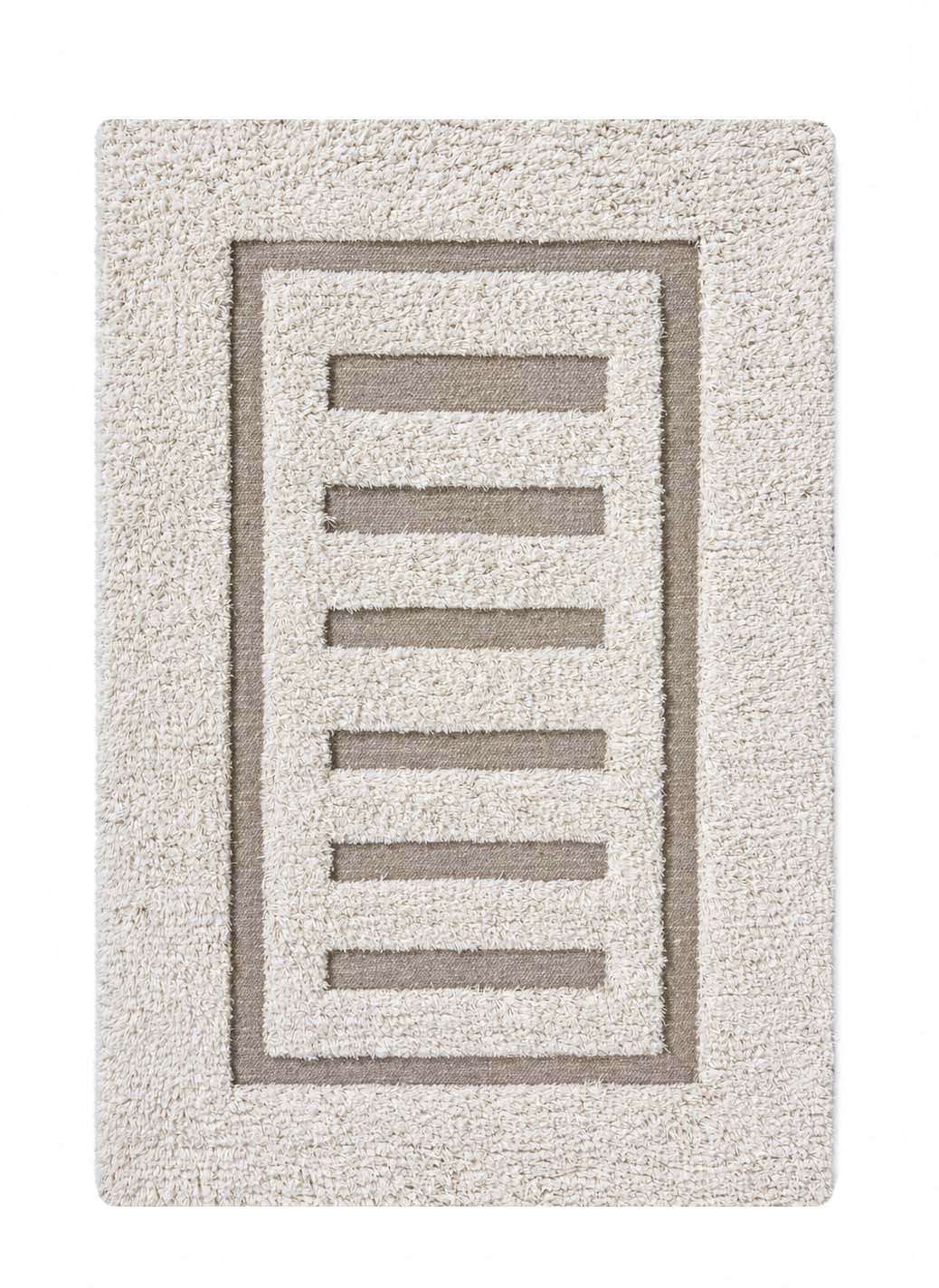 Handmade ivory hand-woven wool rug with ladder-inspired geometric border design for bedroom and living room.