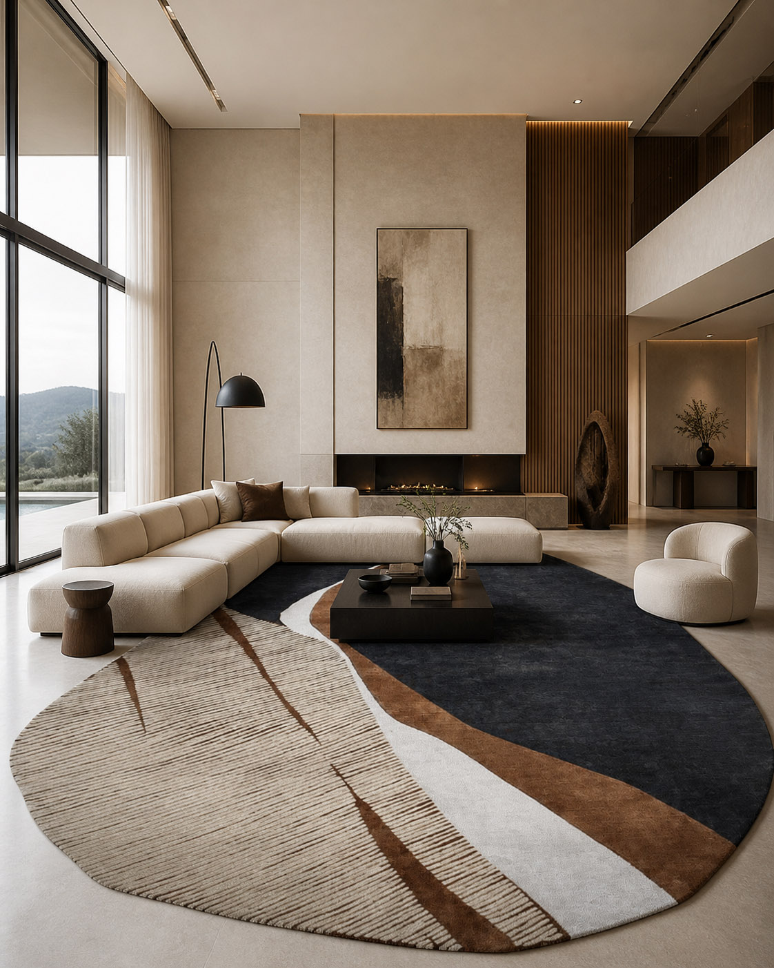 Terra Orbit hand-tufted wool rug with circular abstract orbit design in earthy tones, modern sculptural shape, and plush luxury texture for contemporary interiors.