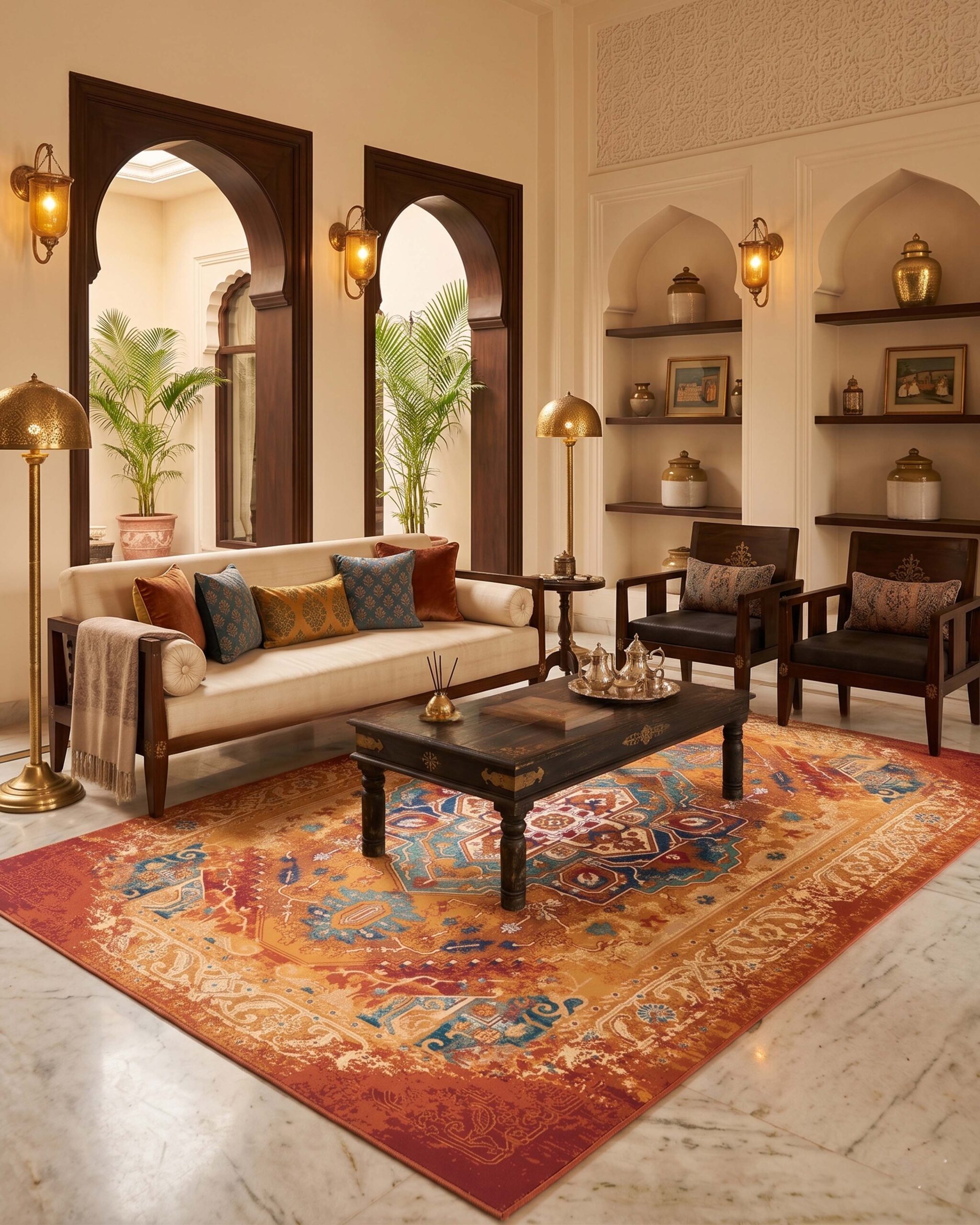 Luxury Persian-style medallion printed rug in saffron, rust, and teal tones with intricate vintage distressed detailing for premium living spaces