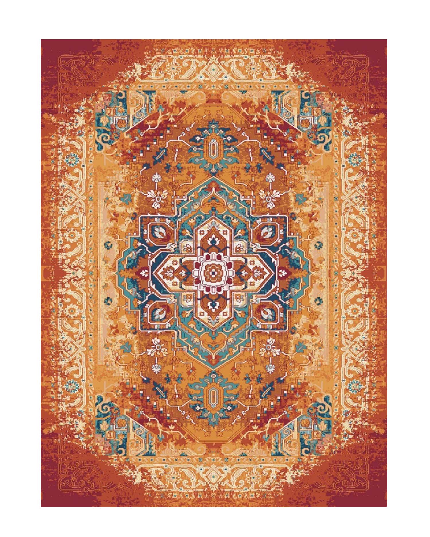 Luxury Persian-style medallion printed rug in saffron, rust, and teal tones with intricate vintage distressed detailing for premium living spaces