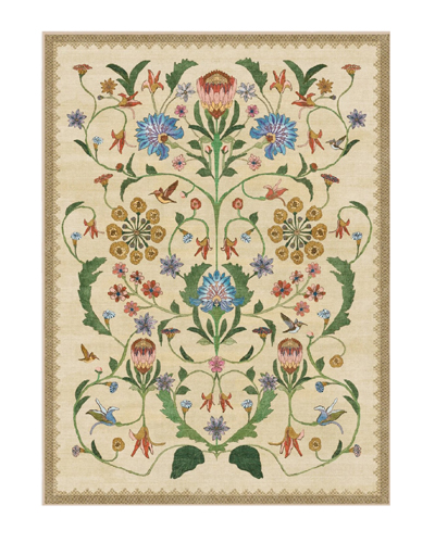 Vintage-inspired multicolor floral printed rug with intricate botanical vines and birds on a beige base, elegant design for living room decor