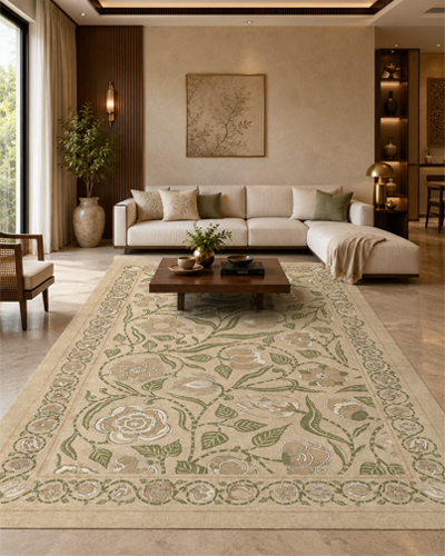 Floral Botanical Printed Rug Carpet – Modern Beige & Green Area Rug for Home Decor