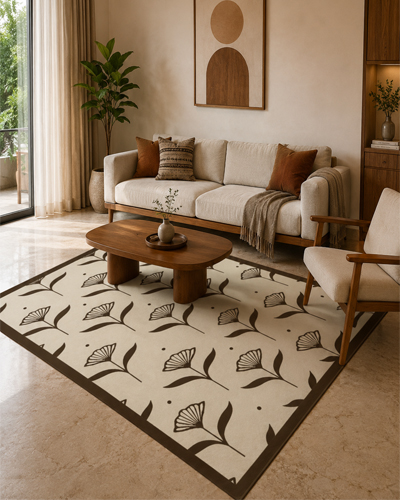 premium printed botanical rug with green floral vine pattern on beige base, modern floral printed carpet for living room bedroom decor