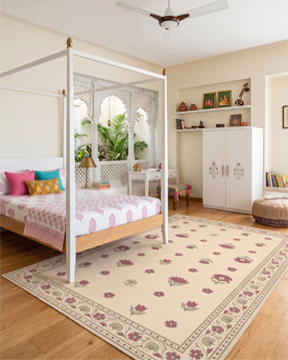 Modern Indian floral printed rug with delicate pink blossoms and green vines on a beige base, elegant bordered design for living room or bedroom
