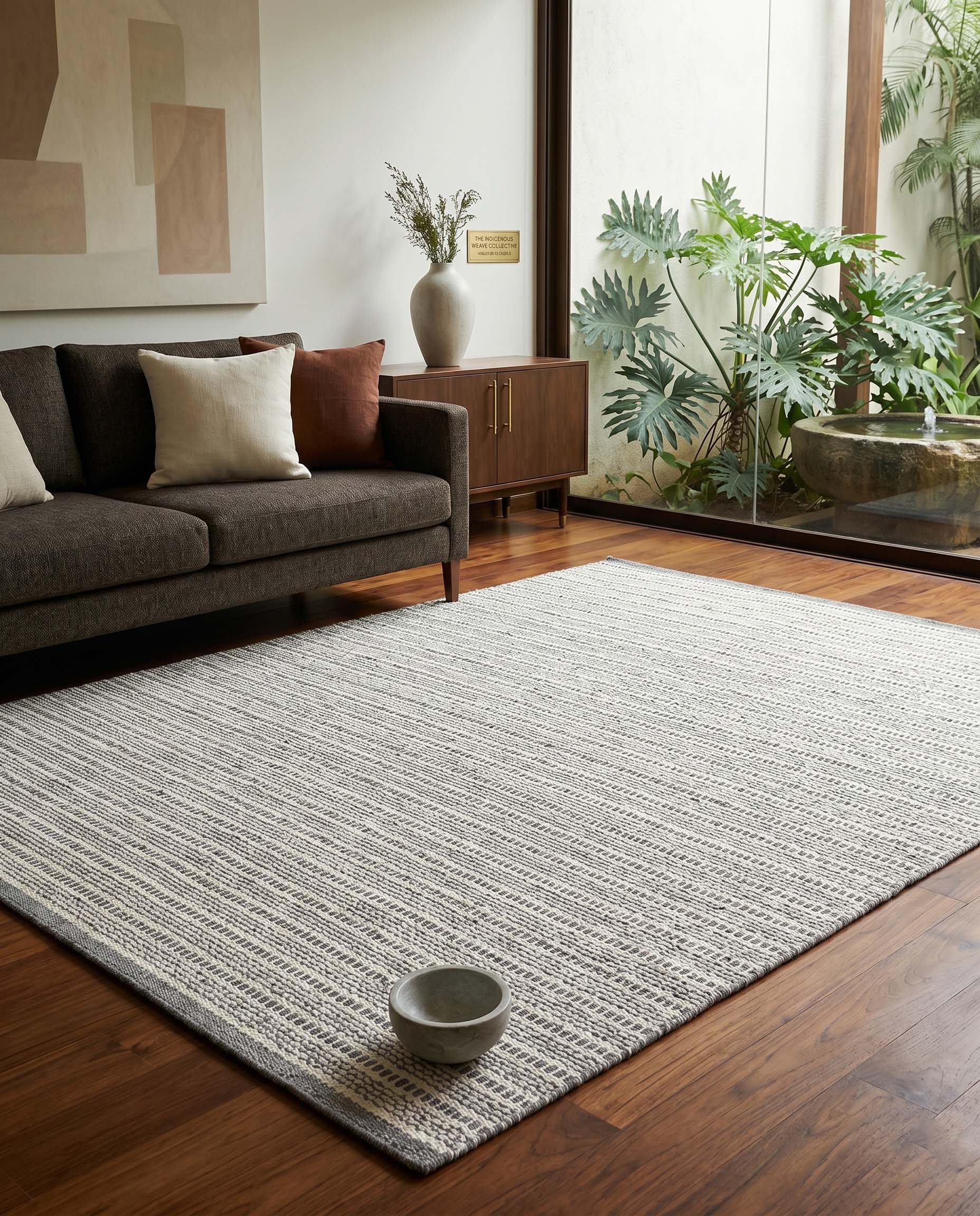 Handmade beige hand-woven rug with fine grid texture.