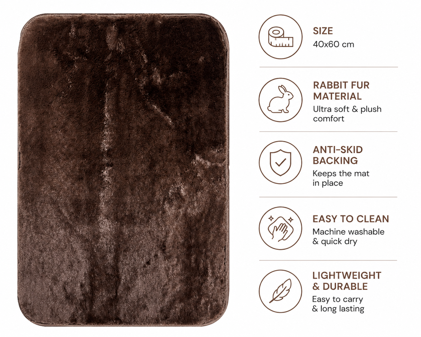 Ultra Soft Faux Rabbit Fur Plain Brown Doormat / Floor Mat (40x60 cm) - Image 3