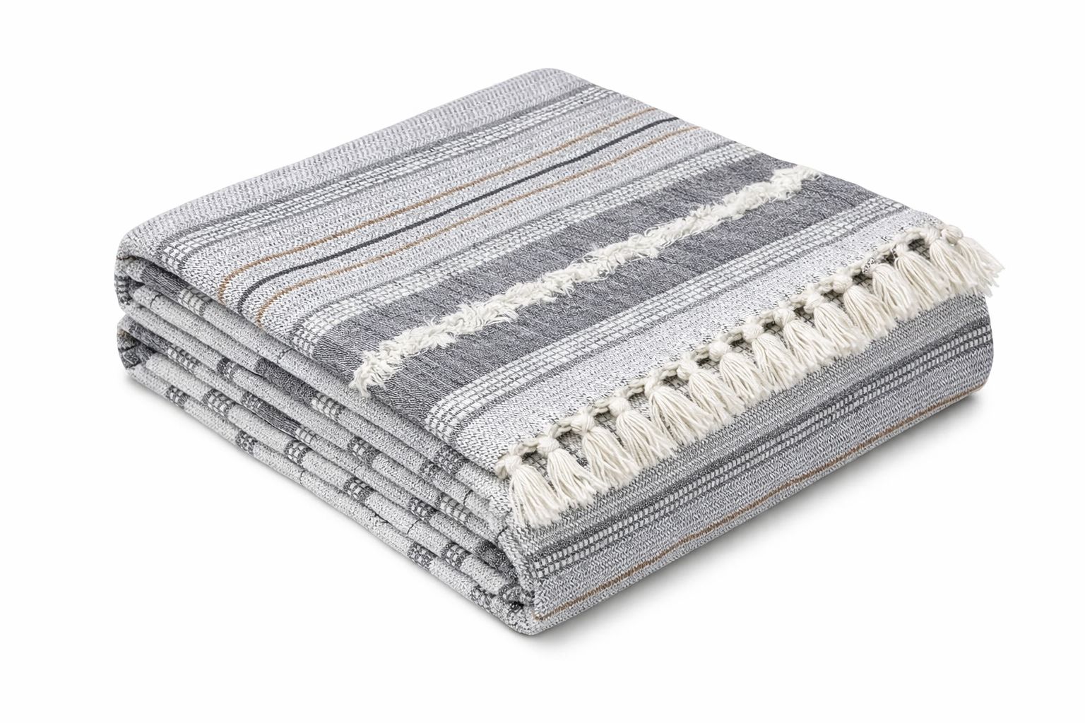 Monochrome Geometric Woven Cotton Throw Blanket with Fringe - Image 3